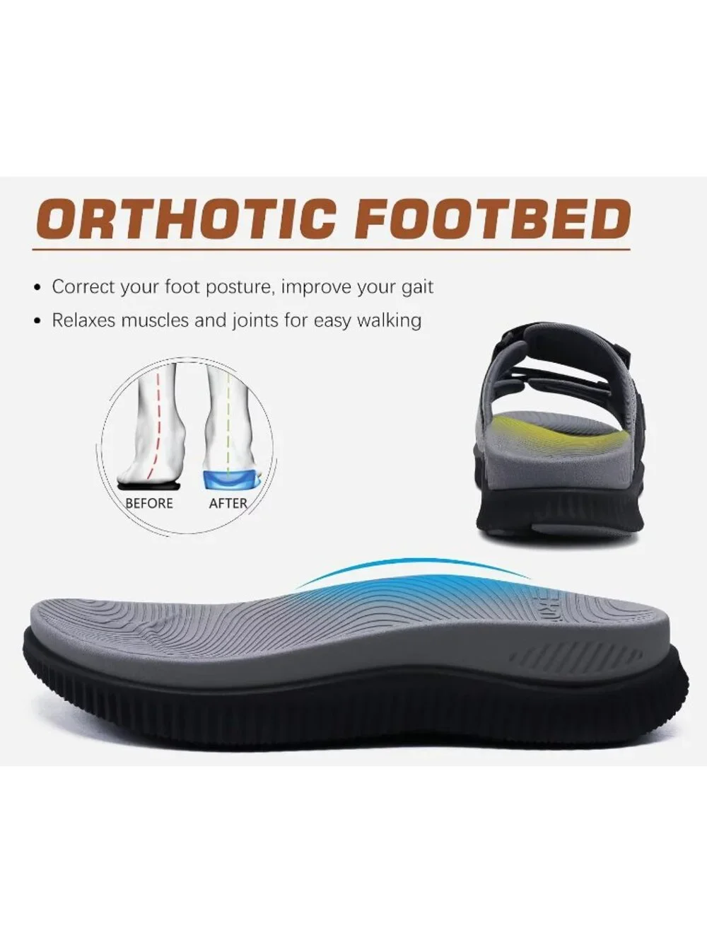 Men's Grey Athletic Thick Cushion Recovery Sport Slides Orthotic Sandal Shoes